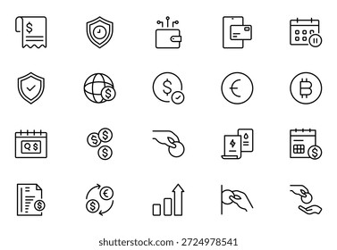 Conjunto de iconos de esquema de facturación y pago. Contiene íconos relacionados con las finanzas. factura, Comprobante, Factura, documento, cajero automático, efectivo, criptomoneda, blockchain. Paquete de iconos de contorno delgado. Ilustración vectorial