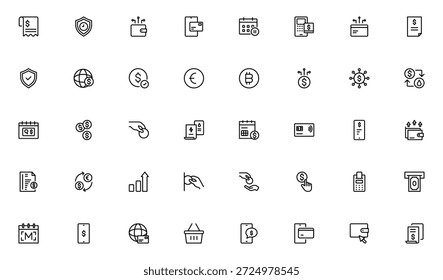 Conjunto de iconos de esquema de facturación y pago. Contiene íconos relacionados con las finanzas. factura, Comprobante, Factura, documento, cajero automático, efectivo, criptomoneda, blockchain. Paquete de iconos de contorno delgado. Ilustración vectorial