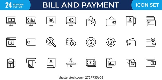 Conjunto de iconos de esquema de facturas y pagos: Colección de iconos de líneas finas de finanzas y banca que incluye facturas, Comprobante, Facturas, documentos, cajeros automáticos, efectivo, criptomonedas y blockchain, Ilustración vectorial de contorno delgado moderna
