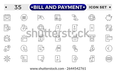 Bill and Payment Outline icon set. Containing finance related icons. bill, receipt, invoice, document, atm, cash, cryptocurrency, blockchain, banking, payments.
