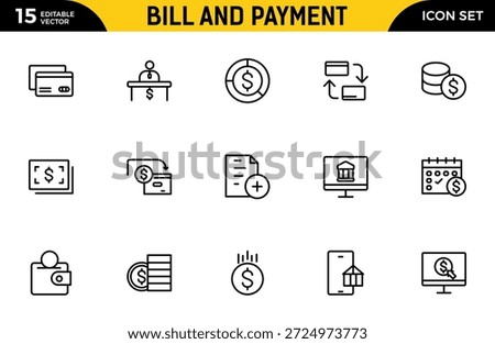 Bill and Payment Outline icon set. Containing finance related icons. bill, receipt, invoice, document, atm, cash, cryptocurrency, blockchain. Thin outline icons pack. Vector illustration