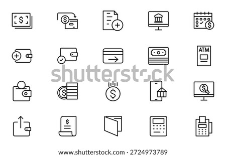 Bill and Payment Outline icon set. Containing finance related icons. bill, receipt, invoice, document, atm, cash, cryptocurrency, blockchain. Thin outline icons pack. Vector illustration