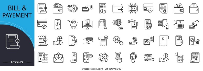 Bill and payment related icon collections. Containing invoice, receipt, transaction, money, credit, cash, billing, payment gateway, finance, and wallet icons. Editable Stroke. Outline icons.