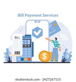 Bill Payment Services Concept. Efficient and reliable bill management with digital confirmation. Simplifying personal finance through technology. Flat vector illustration.