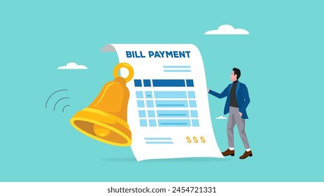 bill payment, shopping costs or credit card payments, financial service to pay for transaction, bill payment reminder concept, businessman with bill payment paper and notification bell