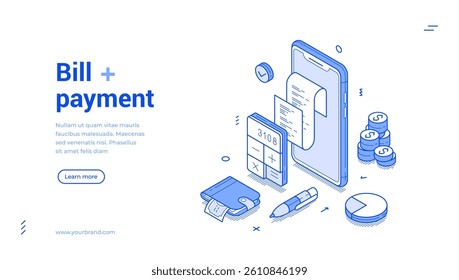 Bill payment shopping service paying checkout smartphone application isometric web banner vector illustration. Financial banking invoice receipt digital commercial retail purchase mobile phone app