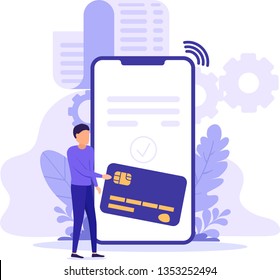 Bill payment with smart phone, credit card. Concept of mobile shopping, banking, virtual wallet, financial transaction, accounting verification. Online receipt of billing payment or digital invoice. 