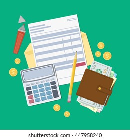 Bill Payment Or A Tax Invoice. Open Envelope With A Check, Calculator, Purse With Money, Pencil, Marker, Gold Coins. View From Above. Vector Illustration. Flat Web Design.