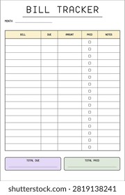 Bill payment tracker page. Printable finance planner with bill, due date, amount and paid tick columns plus totals boxes. Blank monthly expense schedule template for budget reports