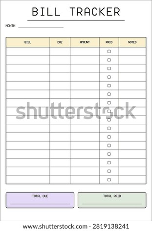 Bill payment tracker page. Printable finance planner with bill, due date, amount and paid tick columns plus totals boxes. Blank monthly expense schedule template for budget reports