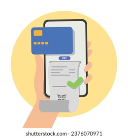 Bill payment transaction on the smartphone. Mobile payment with credit card online shopping. Vector illustration.