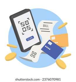 Bill payment transaction on the smartphone. Mobile payment with credit card online shopping. Vector illustration.