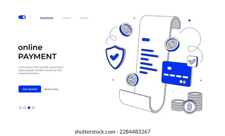 Bill payment transactions with credit card for online shopping. Banking payments protection concept. Vector illustration