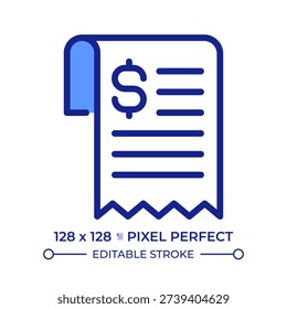 Bill pixel perfect line color icon. Statement of money owed for goods and services. Financial documentation control. Isolated vector illustration. Flat colorful symbol design. Editable stroke