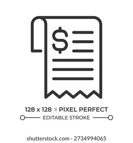 Bill pixel perfect line icon. Statement of money owed for goods and services. Financial documentation. Isolated vector illustration. Outline symbol. Simple linear drawing. Editable stroke