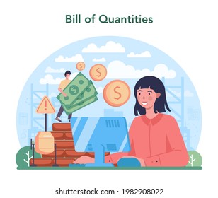 Bill of quantities. Appraisal service, property valuation, selling and buying. Real estate agency financial consultant or business specialist. Isolated flat vector illustration