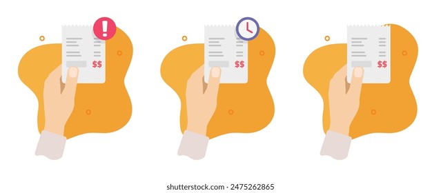 Bill receipt holding person hand icon vector, invoice fraud suspicious payment graphic illustration set, pay money pending delay status image clip art 