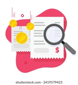 Bill receipt money finance analysis via magnifying glass icon vector flat cartoon graphic illustration, cost price verify check invoice, payment budget shop analytics income earnings image clipart
