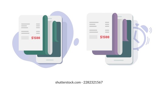 Bill receipt payment time reminder vector on mobile cell phone vector graphic illustration, cellphone smartphone flat annual monthly recurring invoice pay figital electronic transaction image