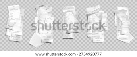 Bill receipt set - realistic 3D paper tickets in pile arrangement. Isolated purchase mockups with voucher designs, shop coupon rolls and payment lists for supermarket cheque billing graphics.