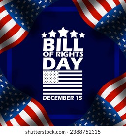 Bill of Rights Day banner. Bold text with American flags flying on a dark blue background to commemorate December 15th svg