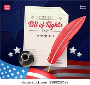 Bill of Rights Day, opening letter of the Constitution with pen, ink, stars and American Flag elements. 3d vector, suitable for events and politics svg