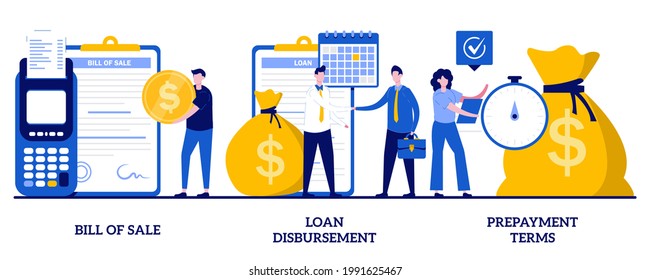 Bill of sale, loan disbursement, prepayment terms concept with tiny people. Financial agreement signing abstract vector illustration set. Legal document, business papers metaphor.