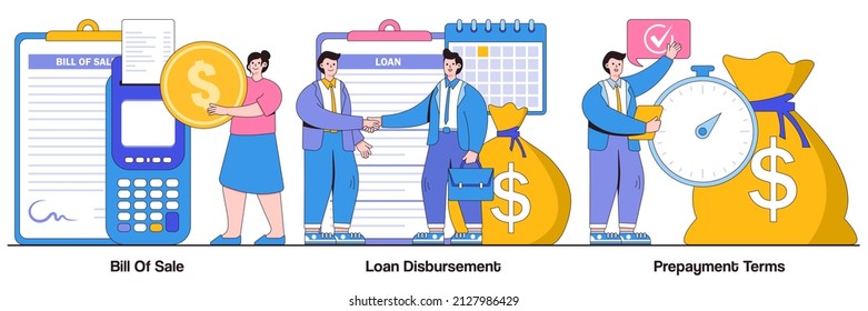 Bill of sale, loan disbursement, prepayment terms concept with people characters. Financial agreement signing abstract vector illustration pack. Legal document, business papers metaphor.