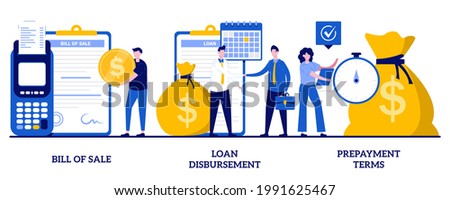 Bill of sale, loan disbursement, prepayment terms concept with tiny people. Financial agreement signing abstract vector illustration set. Legal document, business papers metaphor.
