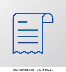 Bill simple icon vector. Flat design. Paper cut design. Cutted blue symbol with shadow. Gray background.ai