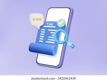 Bill tax online payments money via app Internet banking, 3d vector investment refund economics floating on smartphone transaction concept. on purple background. minimal cartoon. 3D illustration