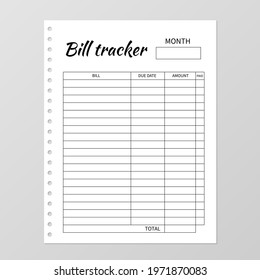 Bill tracker template. Monthly planner. Blank white notebook page isolated on grey. Organizer page. Paper sheet. Stationery for budget planning. Vector illustration.  