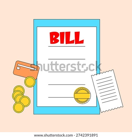 Bill is written on a piece of paper with a debit card and coins on top. Concept of paying for something, and the mood is somewhat serious