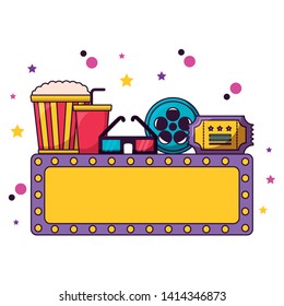 billboard 3d glasses reel ticket pop corn cinema movie vector illustration