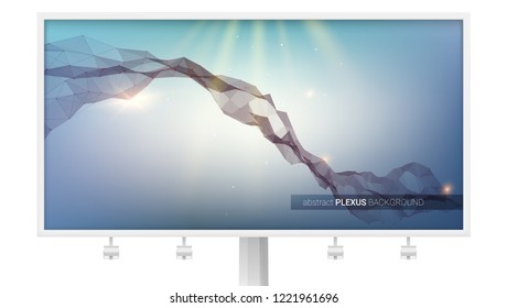 Billboard with abstract cyber background. Plexus, concept structure of virtual reality, DNA, communication connection. Connected dots and triangular cells. Vector 3D illustration.