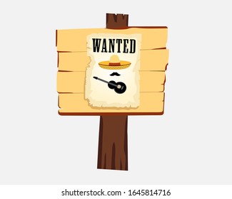 billboard with an ad: wanted, a sheet shows a person without a face, a sombrero hat, a Mexican mustache, and a black guitar, on a white background
