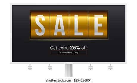 Billboard with ads of Sale. Get extra 25 percent discount. Analog mechanical scoreboard. Template for shops and markets. Decoration elements for retail, shopping actions. Vector 3d illustration