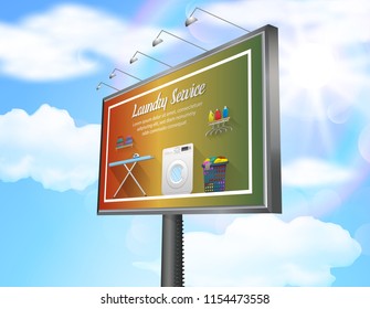 Billboard advertisement poster with laundry service on daytime blue sky background