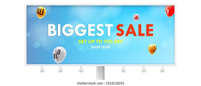 Billboard with advertising of biggest sale. Get up to seventy five percent discount, go for shopping now. Balloons are flying in blue sky with sign of price reduction. Vector template 3d illustration.