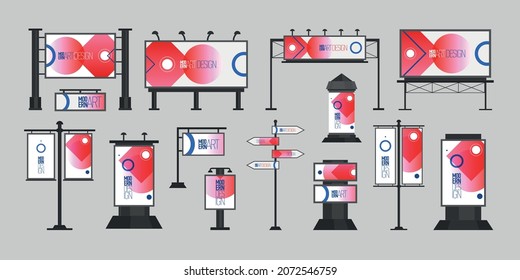 Billboard advertising design set of isolated icons with outdoor external advertising placards on posts and stands vector illustration