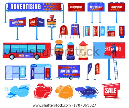 Billboard advertising vector illustration set. Cartoon flat business advertised board template, marketing promotion ad on road street bus, advertiser digital media signage collection isolated on white