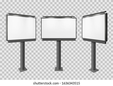 Billboard. Blank big advertisement construction mockup, different perspectives information board display, empty stand banner 3d vector isolated horizontal advertising set