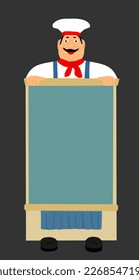 Billboard chef kitchen invites restaurant guests with food offer vector illustration isolated on background. Cook work. Cooking for clients. Street food information. Daily special offer cuisine.