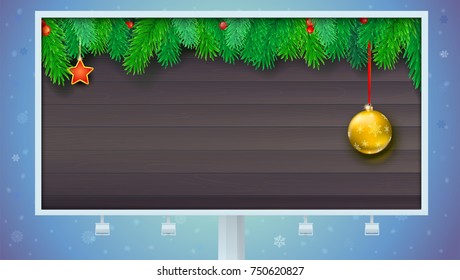 Billboard with Christmas banner with fir branches and red berries. Festive atmosphere. Template for New Year or Christmas greetings card, print design. Editable, resizable vector 3D illustration