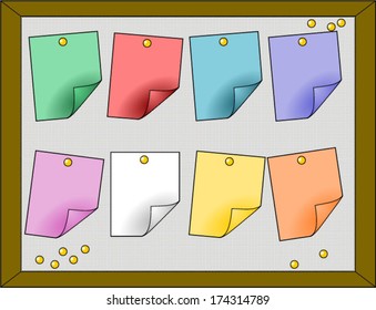 Billboard with colorful paper for notes and pins, Paper stickers and pins on cork-board. Cork board. isolated, eps10, vector art image illustration