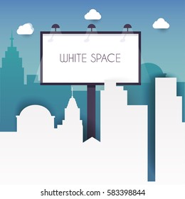 Billboard with copy space text standing high over large city street skyscrapers buildings. Flat design modern vector illustration concept.