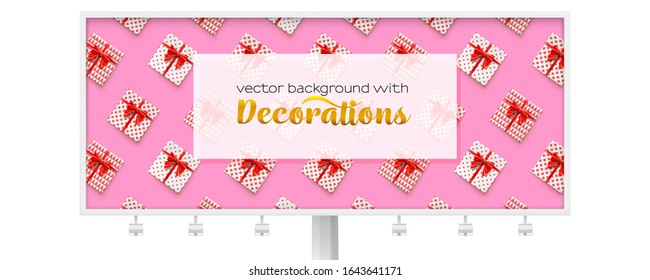 Billboard decorated present boxes on pink background, abstract pattern. Gift boxes with red ribbon and bow tie. 3d vector illustration, eps10. Template for celebration banners