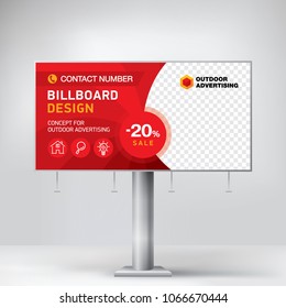Billboard design, template banner for outdoor advertising, posting photos and text. Modern business concept. Creative red background