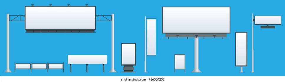 Billboard flat Set of different perspectives advertising construction for outdoor advertising big billboard on blue background isolated vector illustration - Shutterstock ID 716304232