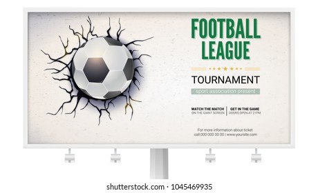 Billboard with football ball damaged the wall with texture. Soccer ball on background of broken-down wall with cracked plaster, 3D illustration. Poster for sport events, tournament, championships